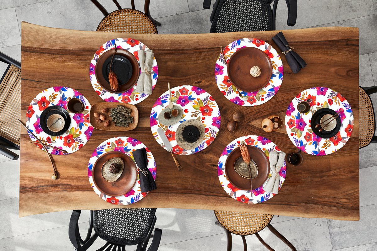 Ronde placemats - Onderlegger - Placemats rond - Waterverf - Bloemen - Paars - 8 stuks