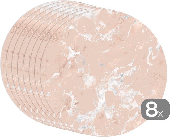 Sets de table ronds - Dessous de verre - Napperons ronds - Or rose - Imprimé marbré - Motifs - Luxe - 8 pièces