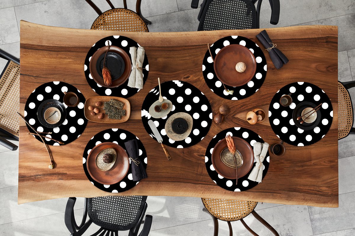 Ronde placemats - Onderlegger - Placemats rond - Stippen - Patronen - Zwart Wit - 10 stuks