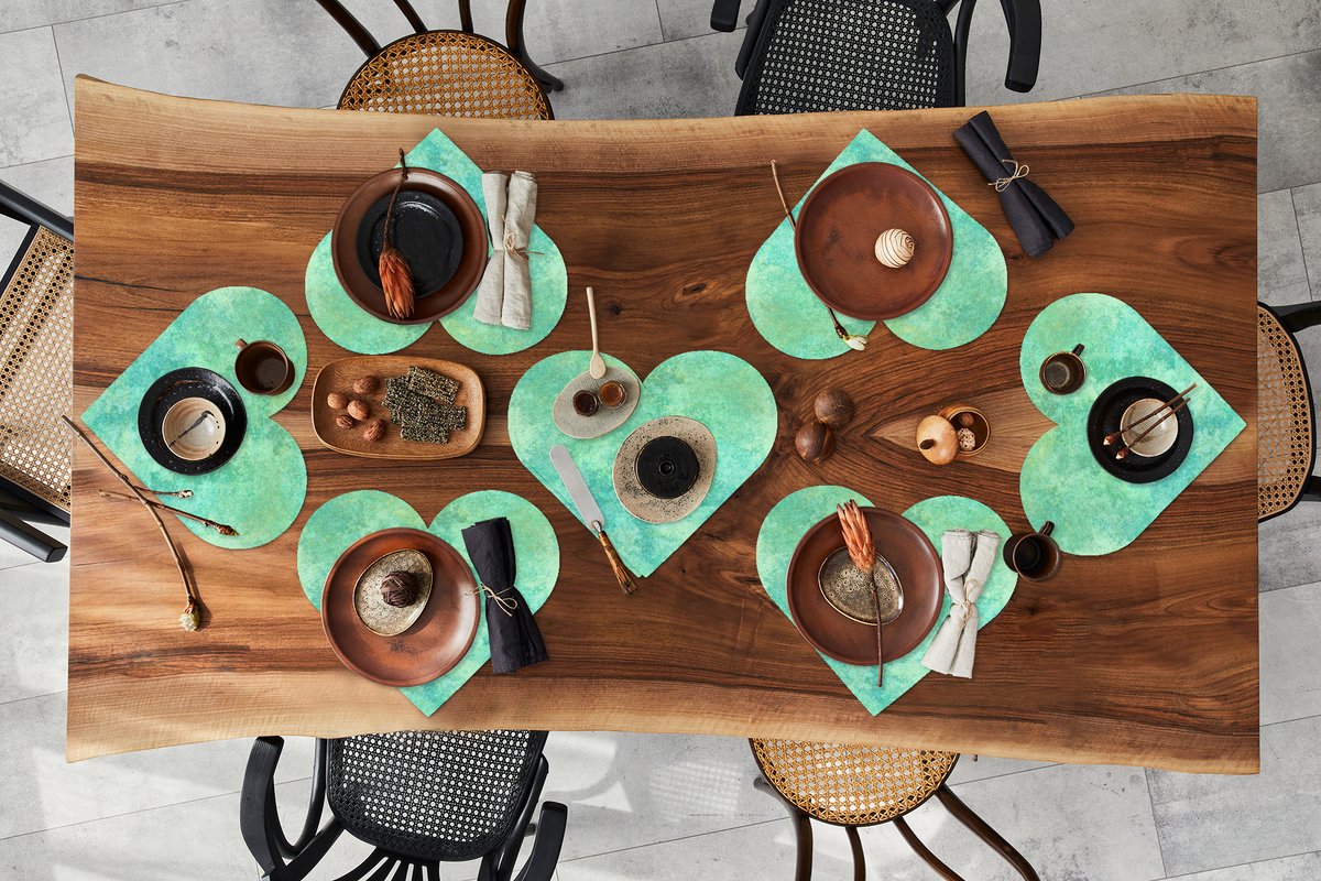 Onderleggers - Placemats - Placemats hartje - Verf - Turquoise - Patronen - 8 stuks