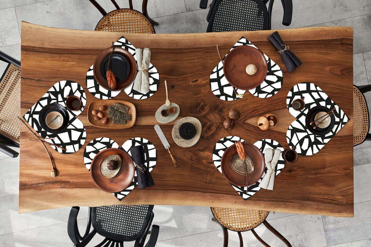 Onderleggers - Placemats - Placemats hartje - Patronen - Geometrisch - Wit - Zwart - 6 stuks