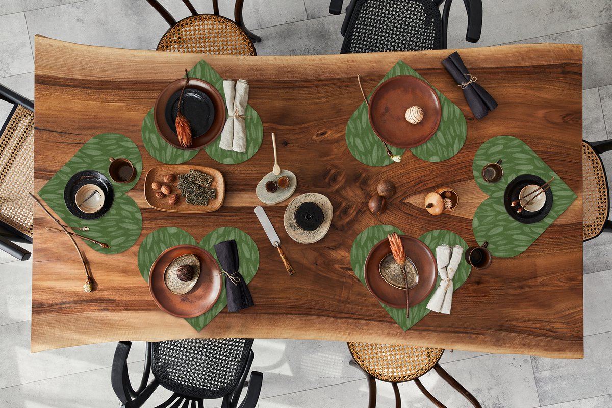 Onderleggers - Placemats - Placemats hartje - Patroon - Bladeren - Groen - 6 stuks