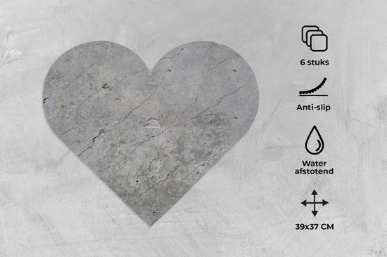 Onderleggers - Placemats - Placemats hartje - Patronen - Beton print - Oud - 6 stuks