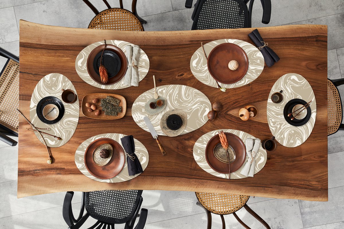 Placemats ovaal - Onderleggers - Ovale placemats - Marmer print - Wit - Crème - 10 stuks
