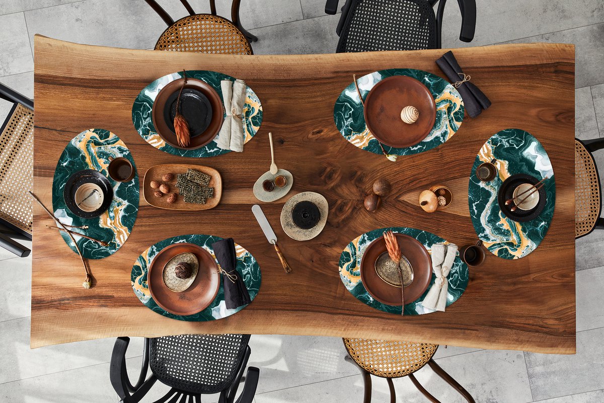 Placemats ovaal - Onderleggers - Ovale placemats - Marmer print - Aqua - Gouden - 6 stuks