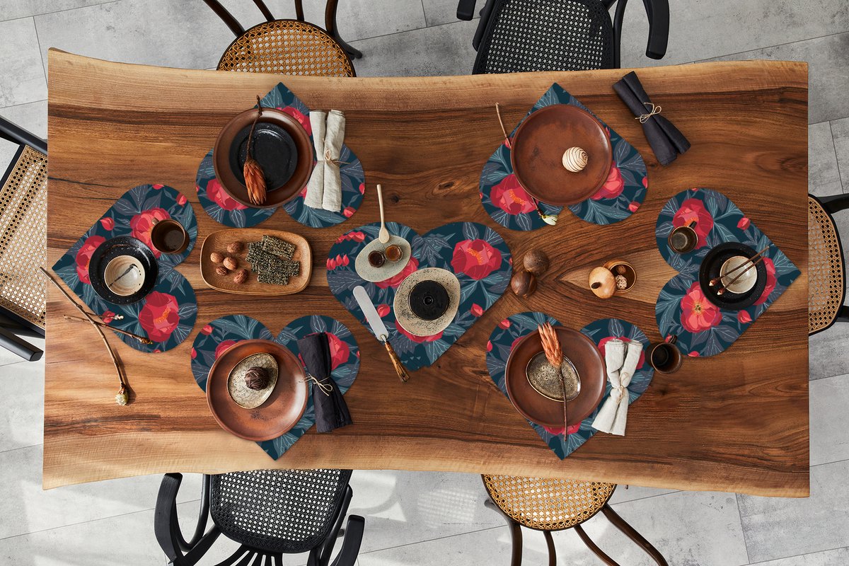 Onderleggers - Placemats - Placemats hartje - Bloemen - Rood - Bladeren - Patronen - 10 stuks
