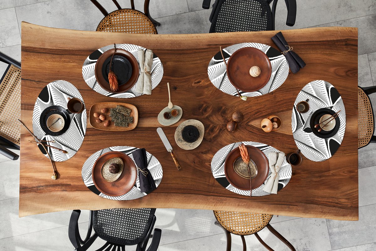 Placemats ovaal - Onderleggers - Ovale placemats - Patroon - Abstract - Zwart Wit - 6 stuks