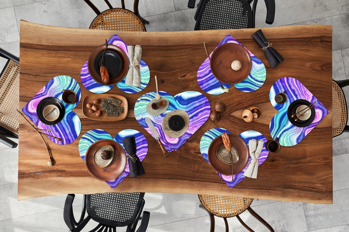 Onderleggers - Placemats - Placemats hartje - Marmer print - Blauw - Wit - 10 stuks