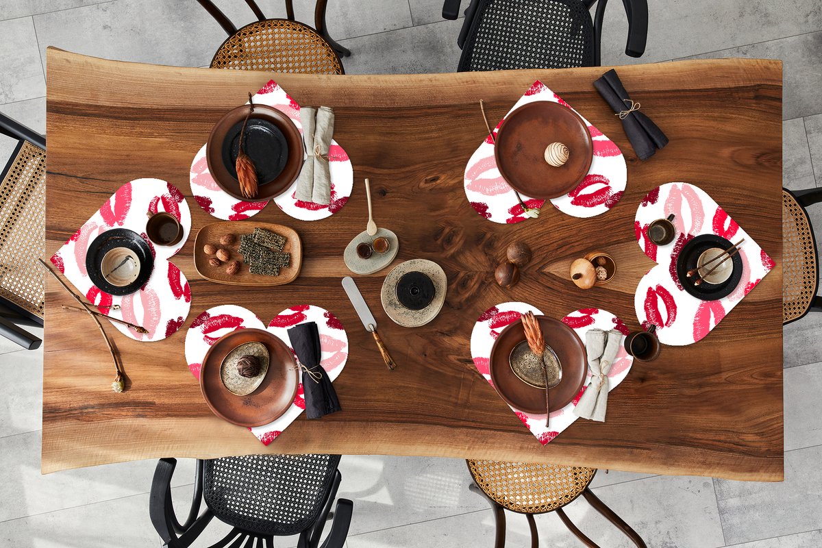 Onderleggers - Placemats - Placemats hartje - Lippen - Kus - Koppel cadeau - 6 stuks