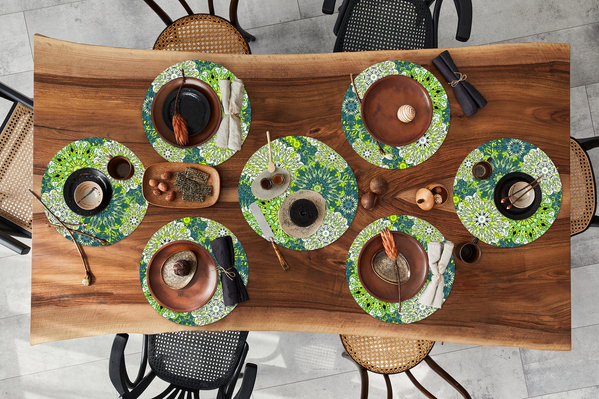 Ronde placemats - Onderlegger - Placemats rond - Mandala - Limoen - Groen - Patronen - 10 stuks