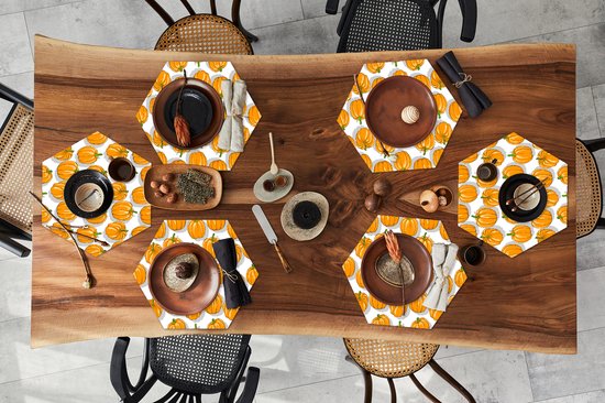 Placemats hexagon - Onderleggers placemats - Placemat zeshoek - Herfst - Pompoen - Patronen - 6 stuks