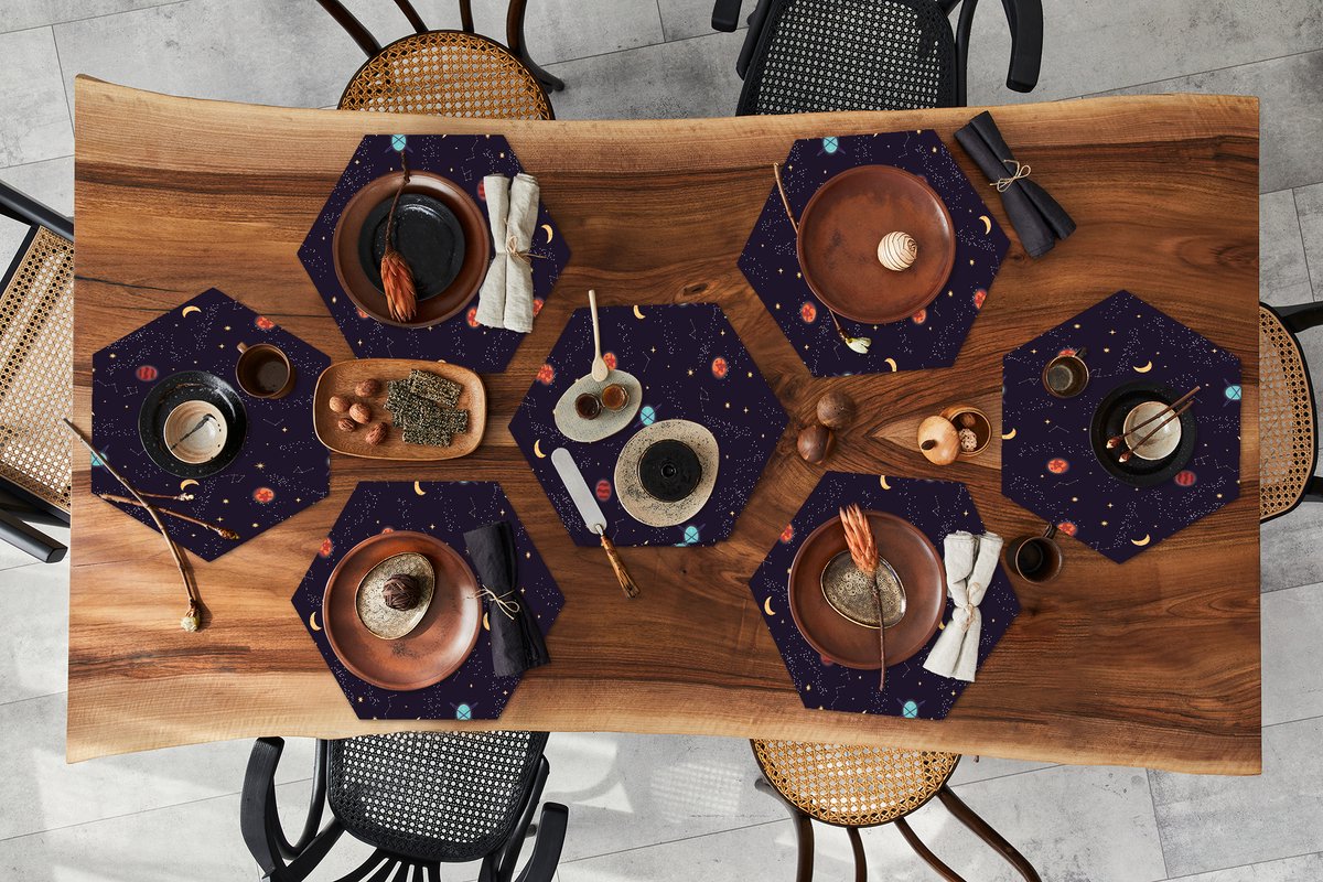 Placemats hexagon - Onderleggers placemats - Placemat zeshoek - Planeten - Sterren - Patronen - 8 stuks