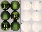 12x stuks kunststof kerstballen mix van donkergroen en parelmoer wit 8 cm - Kerstversiering