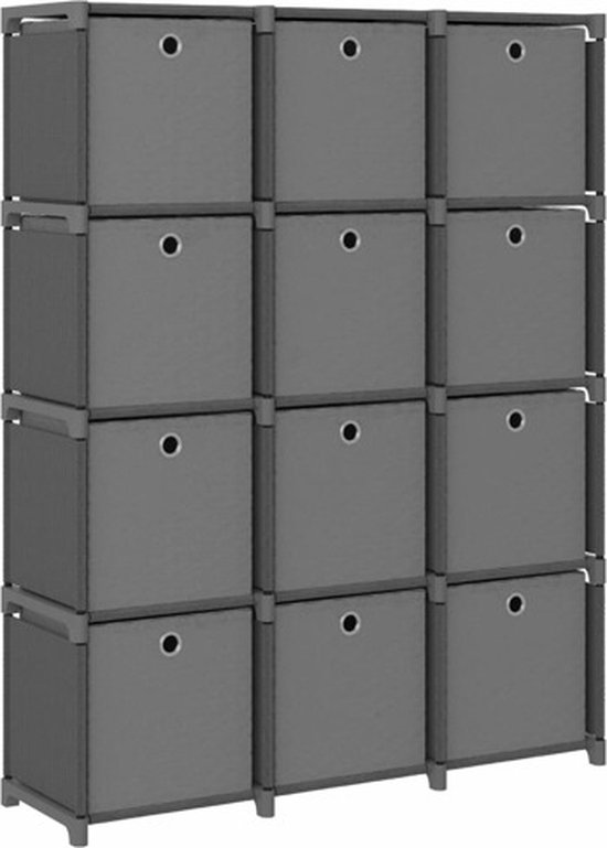 Armoires à compartiments de rangement - Bibliothèque - 12 compartiments - Avec boîtes - Tissu - Grijs 103x30x141 cm