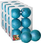 24x stuks kerstballen ijsblauw glitters kunststof diameter 8 cm - Kerstboom versiering