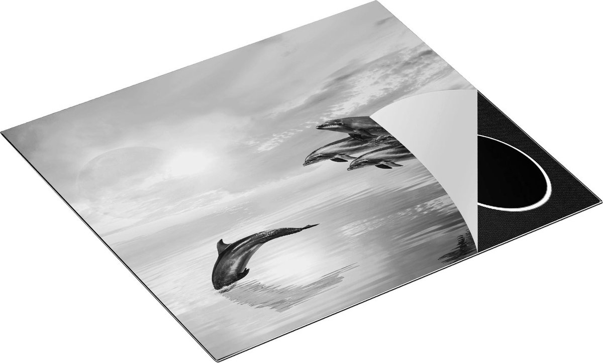 Chefcare Inductie Beschermer Groep Dolfijnen Springen uit het Water - Zwart Wit - 59x51 cm - Afdekplaat Inductie - Kookplaat Beschermer - Inductie Mat