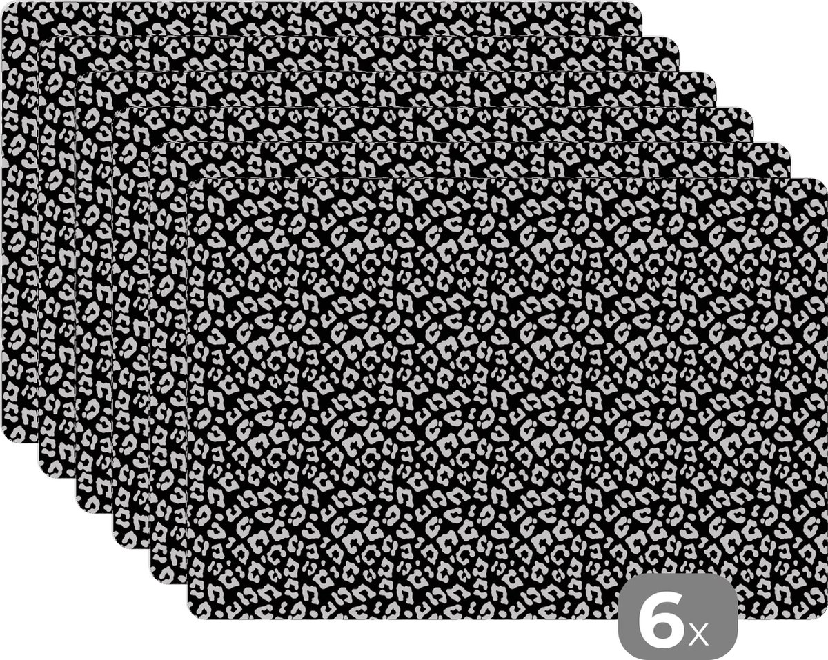 Placemats - Dieren - Abstract - Dierenprint - Zwart - Wit - Luipaard - Onderleggers placemats - Onderlegger - Placemat - 45x30 cm - 6 stuks