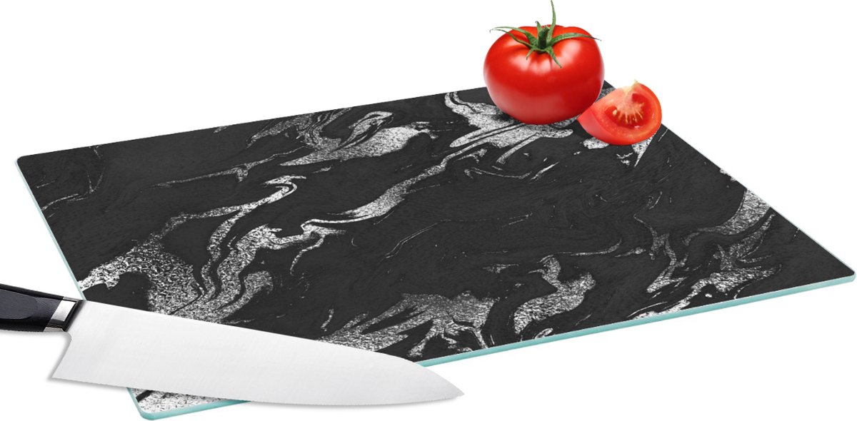Glazen Snijplank - 39x28 - Marmer - Zwart - Zilver - Luxe - Snijplanken Glas