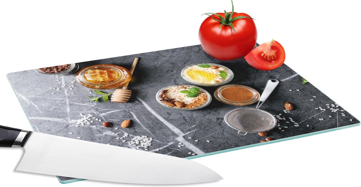 Glazen Snijplank - 28x20 - Honing - Specerijen - Keuken - Marmer - Snijplanken Glas