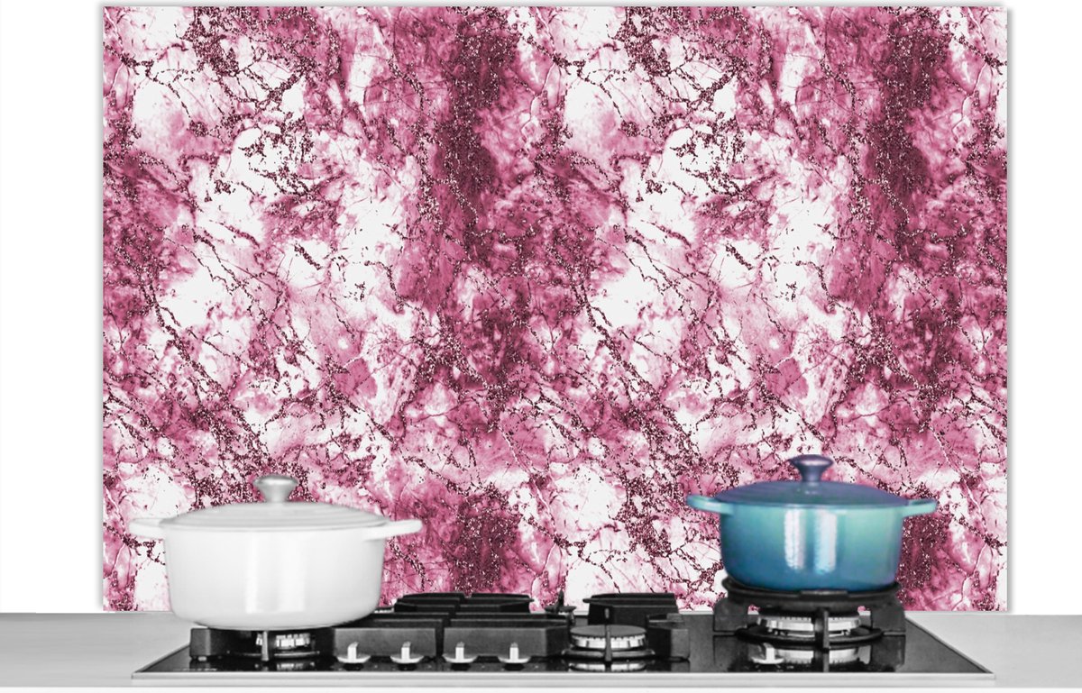 Spatscherm - Marmer print - Glitter - Roze - Marmerlook - Luxe - Keuken achterwand - 120x80 cm - Muurbeschermer