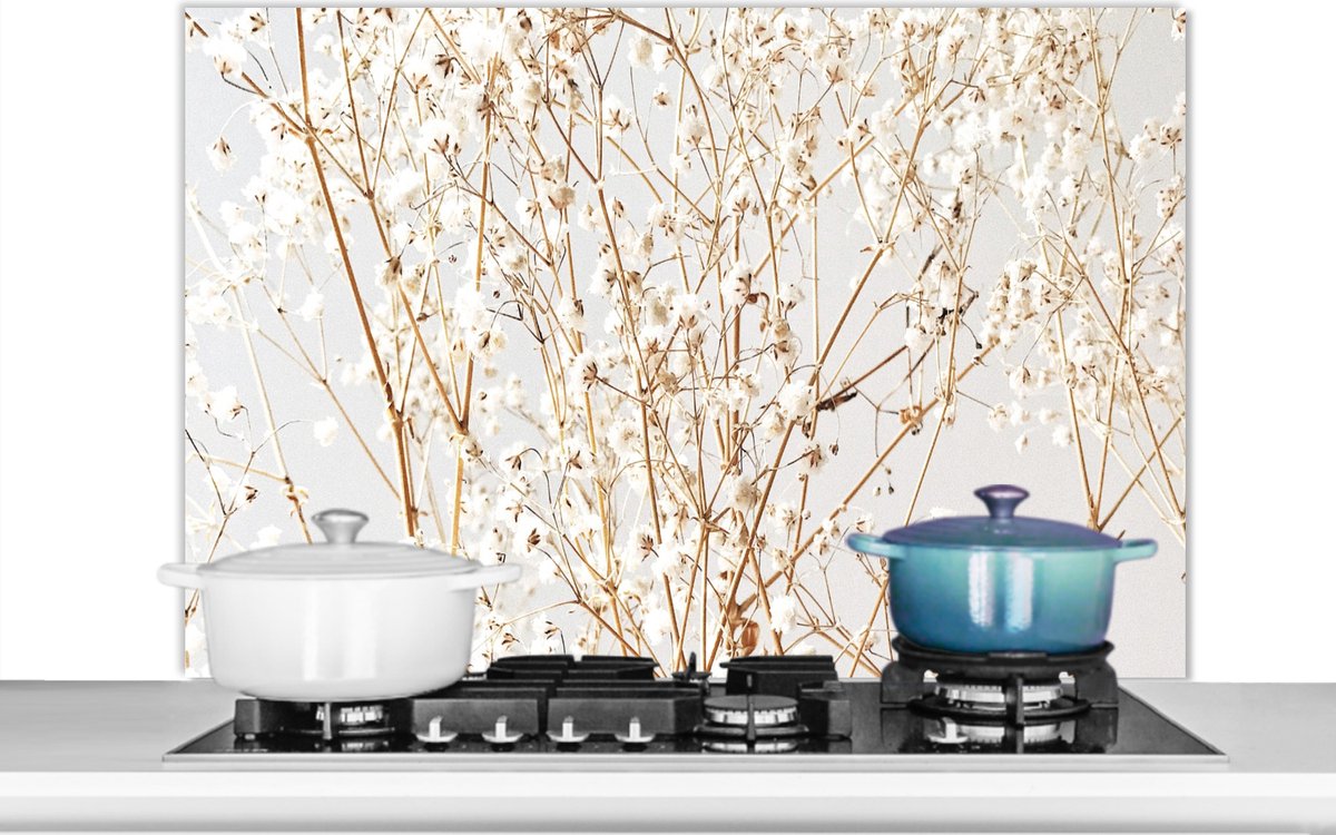 Spatscherm - Droogbloemen - Wit - Takken - Keuken decoratie - 100x65 cm - Muurbeschermer