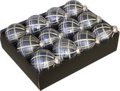 24x stuks luxe glazen gedecoreerde kerstballen donkerblauw schotse ruit 7,5 cm - Luxe glazen kerstballen - kerstversiering