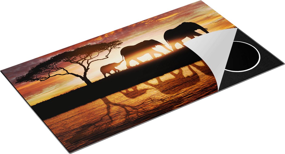 Chefcare Inductie Beschermer Olifanten Familie in de Savanne bij Zonsondergang - 95x50 cm - Afdekplaat Inductie - Kookplaat Beschermer - Inductie Mat