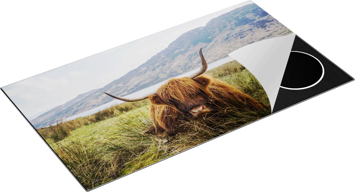 Chefcare Inductie Beschermer Schotse Hooglander ligt in het Gras - 95x55 cm - Afdekplaat Inductie - Kookplaat Beschermer - Inductie Mat