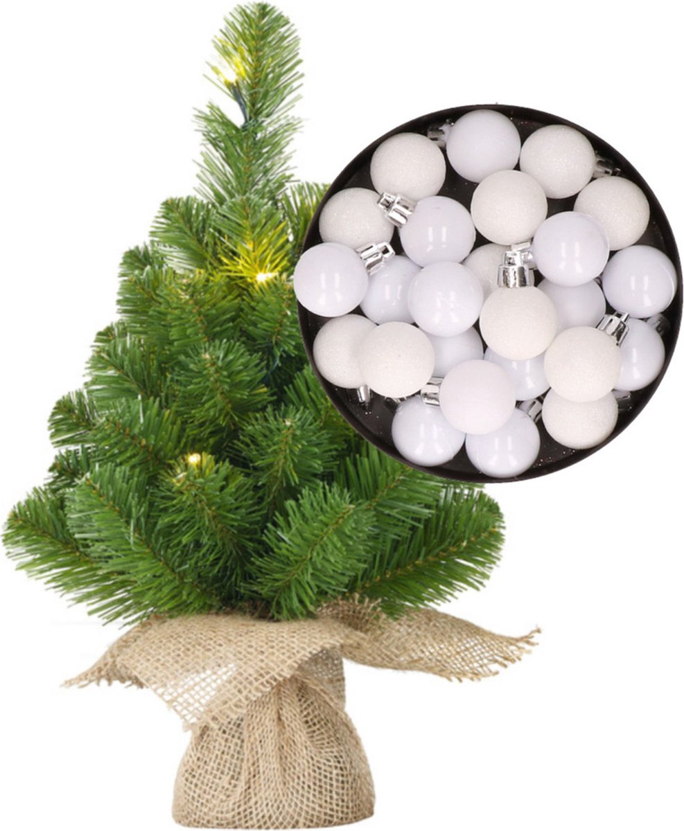 Mini kerstboom/kunstboom met verlichting 45 cm en inclusief kerstballen wit - Kerstversiering