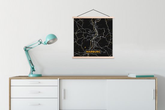 Posterhanger incl. Poster 90x90 cm - Schoolplaat - Stadskaart – Kaart – Marburg – Gold – Duitsland – Plattegrond - Textielposter - Blanke latten - Stadskaart