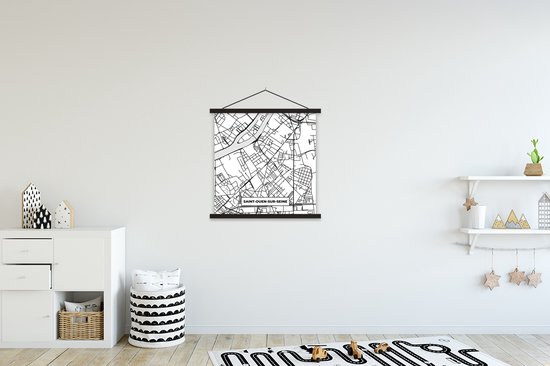 Porte-affiche avec Affiche - Affiche scolaire - Plan - Plan de ville - Saint-Ouen-sur-Seine - France - Carte - Zwart et blanc - 60x60 cm - Lattes noires