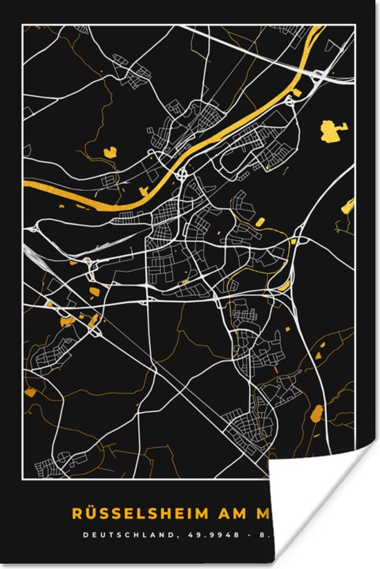 Poster Black and Gold – Stadskaart – Rüsselsheim am Main – Duitsland ...