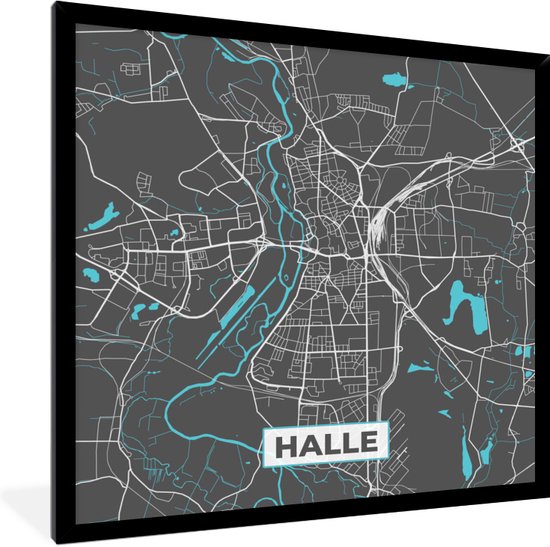 Cadre photo avec affiche - Plan de la ville - Halle - Allemagne - Plan - Carte - 40x40 cm - Cadre pour affiche