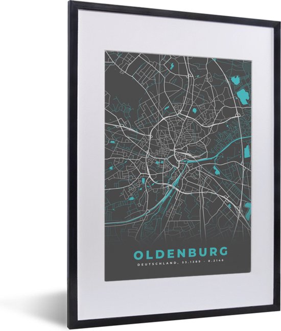 Fotolijst incl. Poster - Oldenburg – Stadskaart – Blauw – Plattegrond ...
