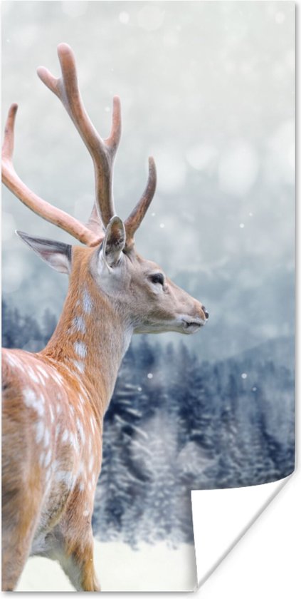 Poster Winter - Hert - Dieren - 20x40 cm - Kerstmis Decoratie - Kerstversiering - Kerstdecoratie Woonkamer - Kerstversiering - Kerstdecoratie voor binnen - Kerstmis