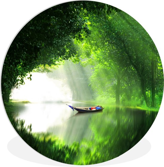 WallCircle - Wandcirkel ⌀ 90 - Een boot in een rivier met het omringde groene bos - Ronde schilderijen woonkamer - Wandbord rond - Muurdecoratie cirkel - Kamer decoratie binnen - Wanddecoratie muurcirkel - Woonaccessoires