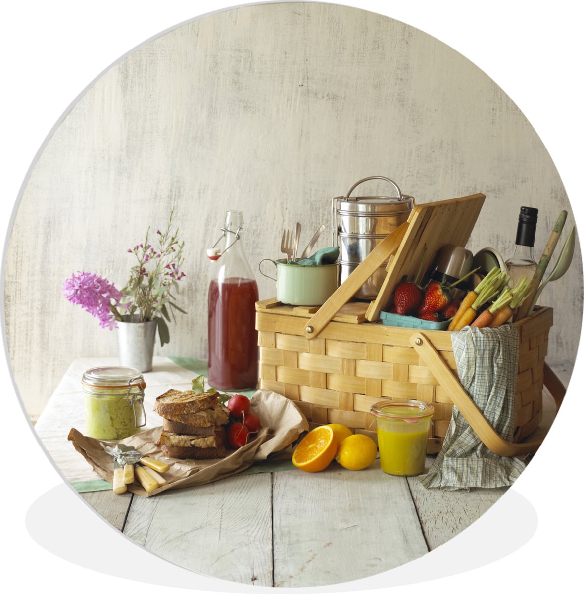 WallCircle - Wandcirkel ? 90 - Picknickmand met eten op een houten vloer - Ronde schilderi