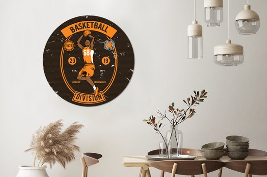 WallCircle - Wandcirkel ⌀ 90 - Mancave - Basketbal - Sport - Vintage - Oranje - Ronde schilderijen woonkamer - Wandbord rond - Muurdecoratie cirkel - Kamer decoratie binnen - Wanddecoratie muurcirkel - Woonaccessoires