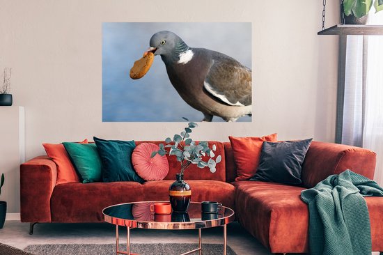 Poster Un vilain pigeon avec un biscuit dans la bouche 120x80 cm - Tirage photo sur Poster (décoration murale salon / chambre) / Poster Vogels