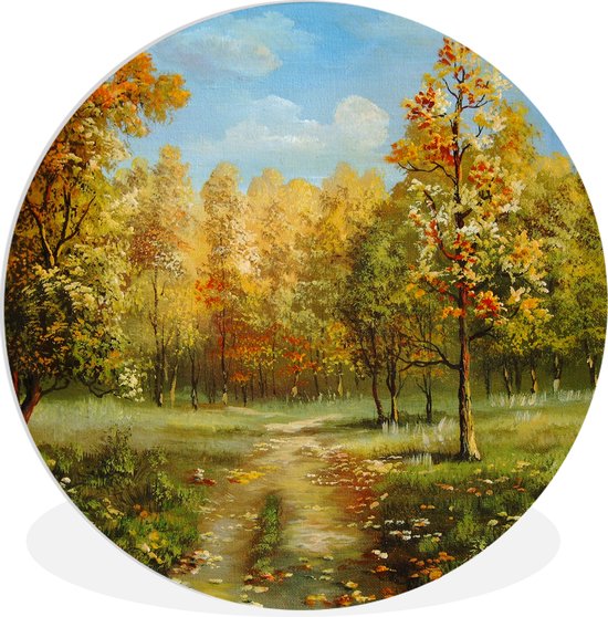 WallCircle - Wandcirkel ⌀ 60 - Een illustratie van herfstachtige bomen in een bos - Ronde schilderijen woonkamer - Wandbord rond - Muurdecoratie cirkel - Kamer decoratie binnen - Wanddecoratie muurcirkel - Woonaccessoires