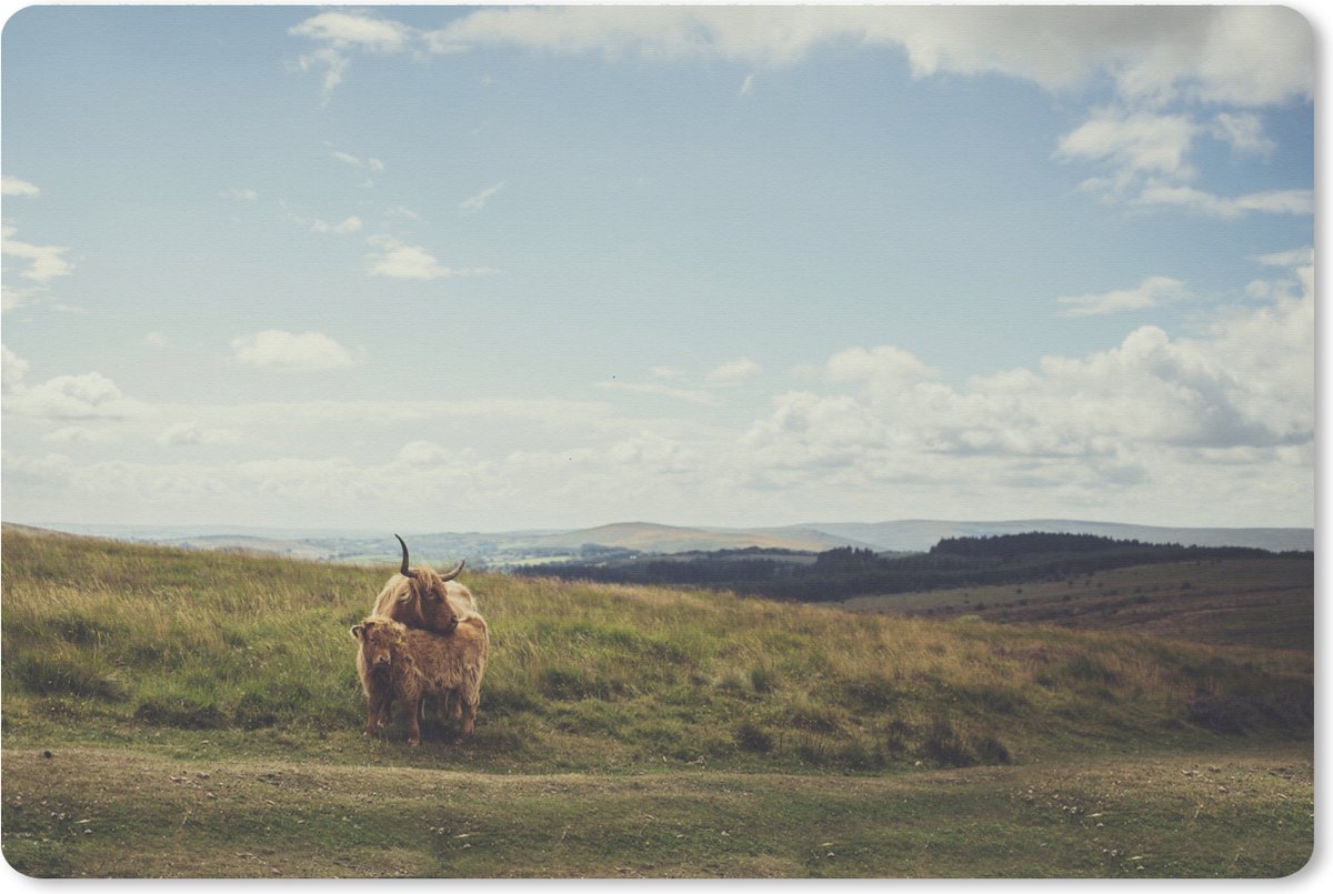 Muismat XXL 120x80 cm - Bureau onderlegger - Bureau mat Schotse Hooglanders - Gras - Wolken - Dieren - Bureaumat - Gaming mousepad xl - Bureaulegger groot - Computer deskmat
