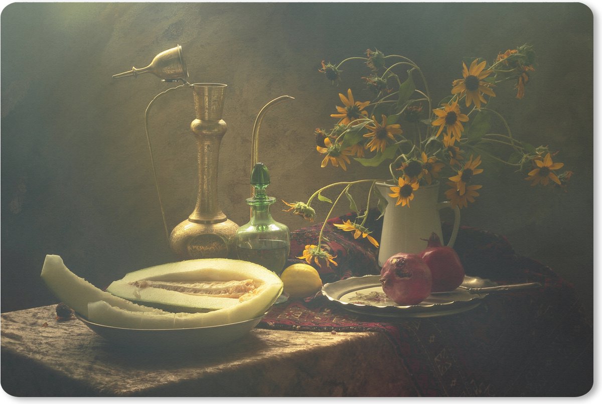 Muismat XXL 90x60 cm - Bureau onderlegger - Bureau mat Stilleven -Kunst - Schilderij - Fruit - Zonnebloem - Lichtval - Bureaumat - Gaming mousepad xl - Bureaulegger groot - Computer deskmat