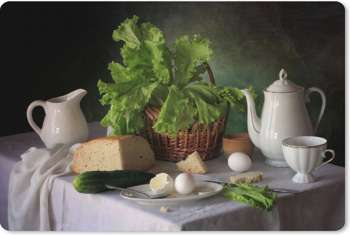 Muismat XXL 90x60 cm - Bureau onderlegger - Bureau mat Stilleven - Eten - Theepot - Kaas - Kan - Sla - Eieren - Bureaumat - Gaming mousepad xl - Bureaulegger groot - Computer deskmat