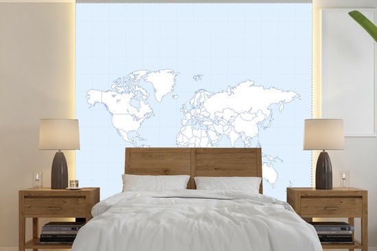 Papier peint photo vinyle - Carte du monde minimaliste sur fond quadrillé bleu | Papier peint Wereldkaart largeur 300 cm x hauteur 300 cm - Tirage photo sur papier peint (disponible en 7 tailles)