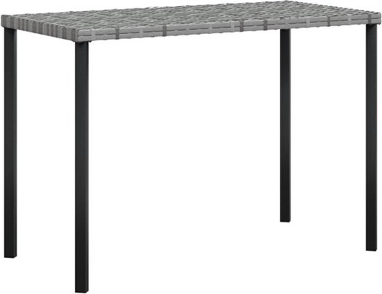 Grijze poly rotan tafel met zwart metalen frame, 113x40x71 cm (lxbxh).