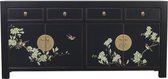 Zwarte Chinese kast met vier lades en vier deuren, beschilderd met bloesems en vogels. Gouden grepen.