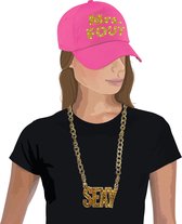 Foute party Mrs. FOUT verkleed set pet roze/goud voor dames met een plastic gouden sexy ketting