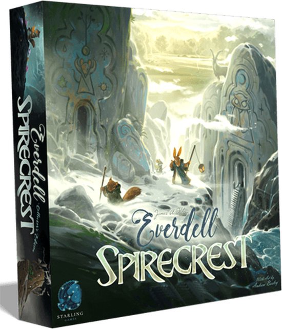 Doos van het Everdell: Spirecrest bordspel met een winterse afbeelding van wezens op een berg.