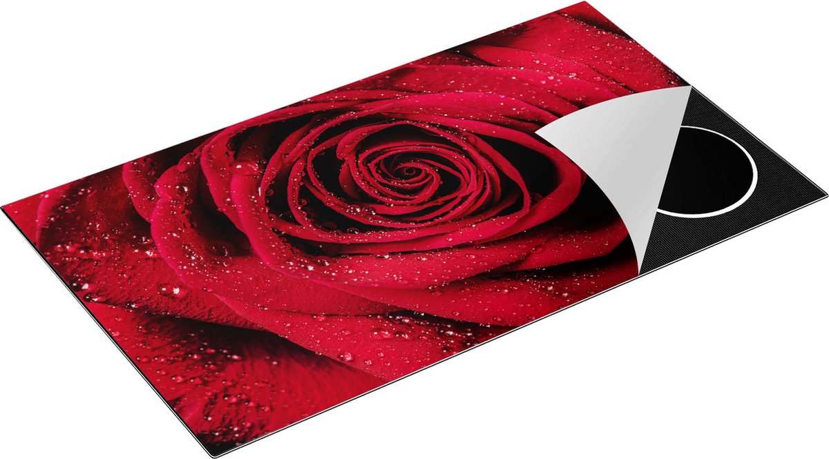 Chefcare Inductie Beschermer Rode Roos met Waterdruppels - Bloem - 91,6x52,7 cm - Afdekplaat Inductie - Kookplaat Beschermer - Inductie Mat