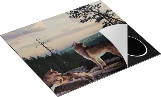 Chefcare Inductie Beschermer Drie Wolven op een Rots in het Bos - 59x52 cm - Afdekplaat Inductie - Kookplaat Beschermer - Inductie Mat